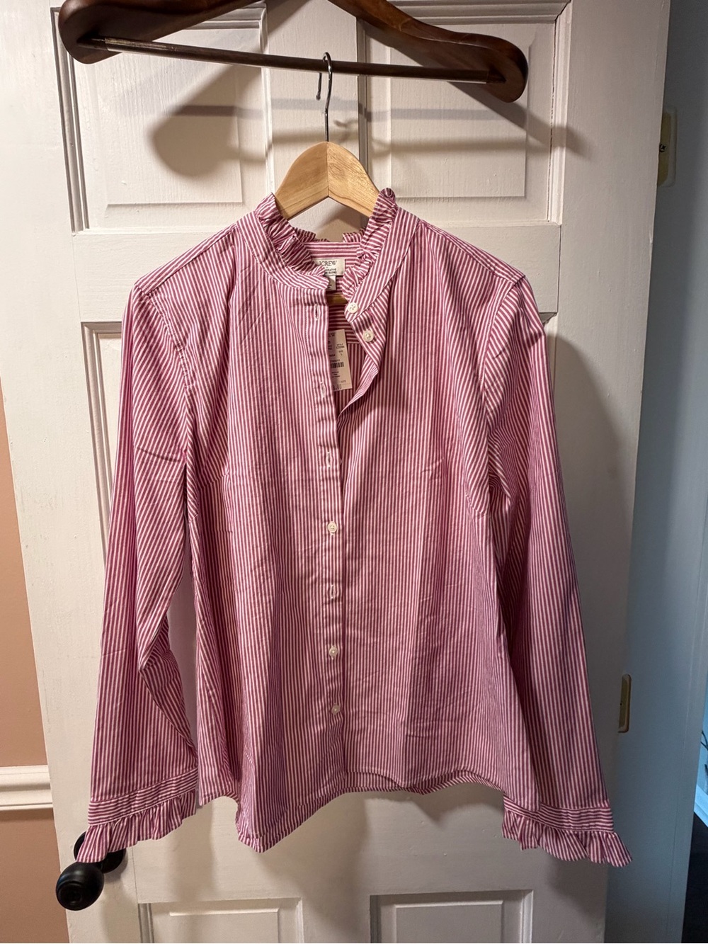 J. Crew factory Pink and White Striped Ruffle-Collar Blouse